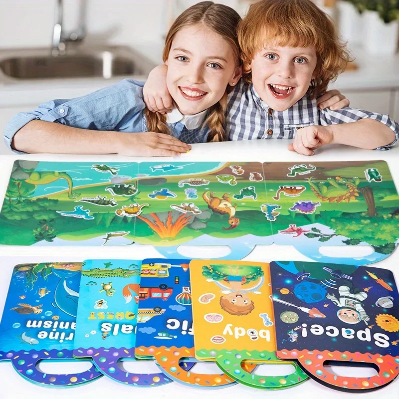 Portable Handle Reusable Jelly Sticker Book, Waterproof Removable Puffy Sticker Book, Dinosaur Animal Space Theme Educational Preschool Learning Toy For Toddlers Kids Age 3+
