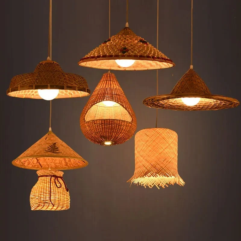 

Bamboo rattan hat pendant light restaurant antique straw hat farmhouse Cafe personalized creative pastoral chandelier