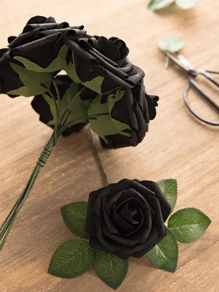 D-Seven Artificial Flowers 25/50pcs Black Foam Rose with Stem for DIY Wedding Bouquets Boutonnieres Cake Wreath Backdrop Decor