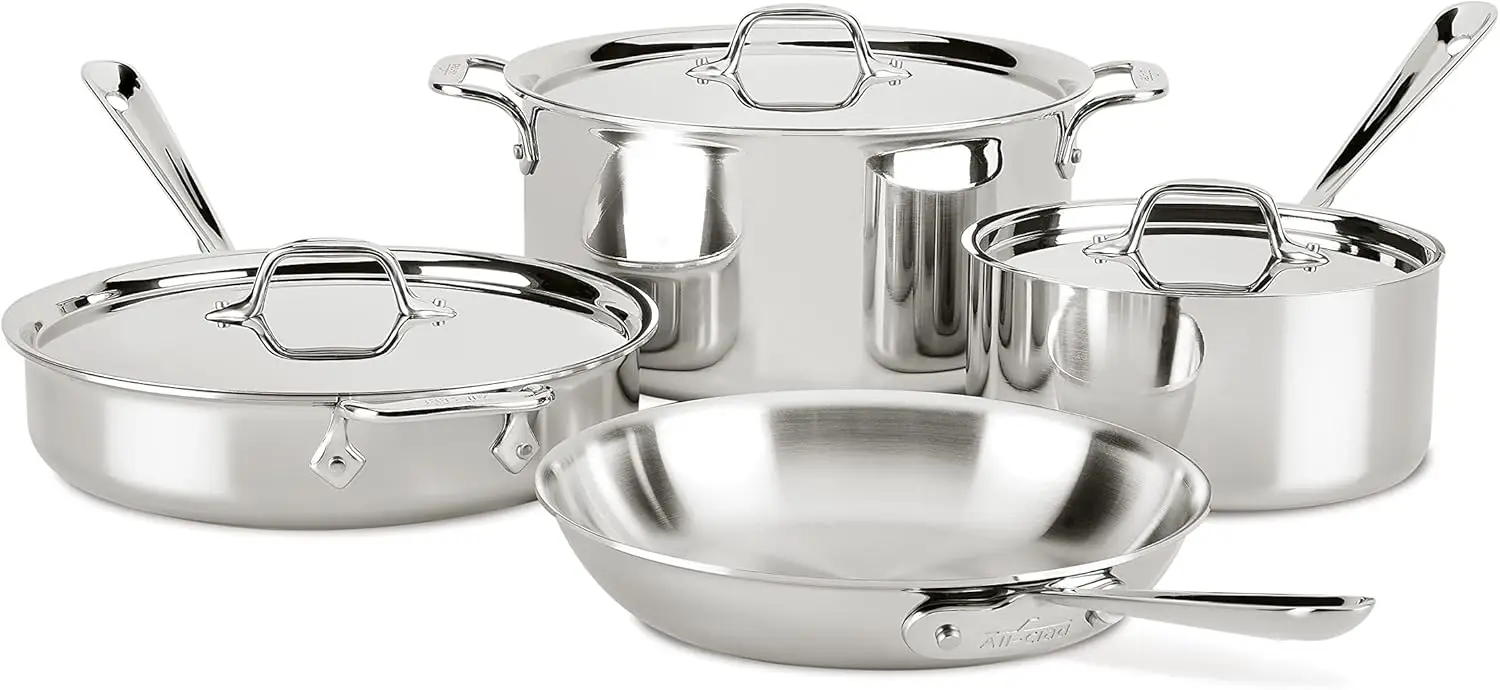 All-Clad D3 3-Ply Stainless Steel Cookware Set 7 Piece, Induction Compatible, Oven Broiler Safe 600F, Kitchen Cooking w/ Frying