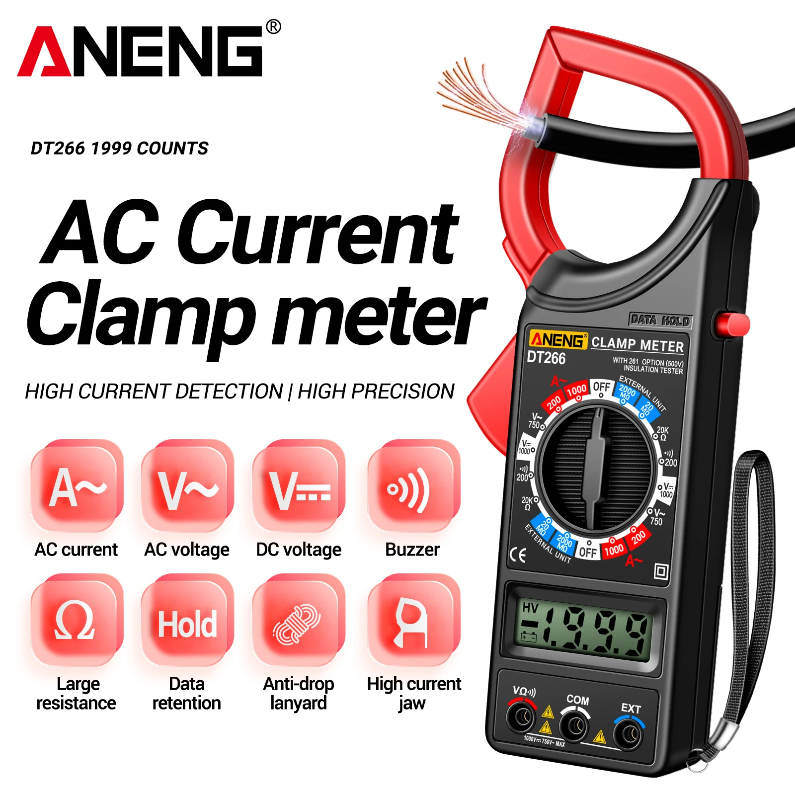 

ANENG DT266 Clamp Multimeter 1999 Count ABS Material Data Keep Low Battery Prompt Beep On/Off Electrician Maintenance Multimeter
