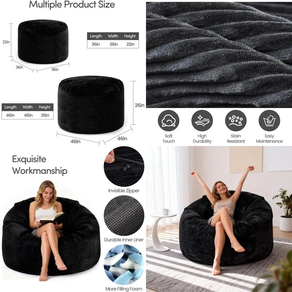 

Кресло-мешок 3T с наполнителем из пены с эффектом памяти и съемным чехлом из плюшевого микрофибера для комфортного сидения и игр - черный