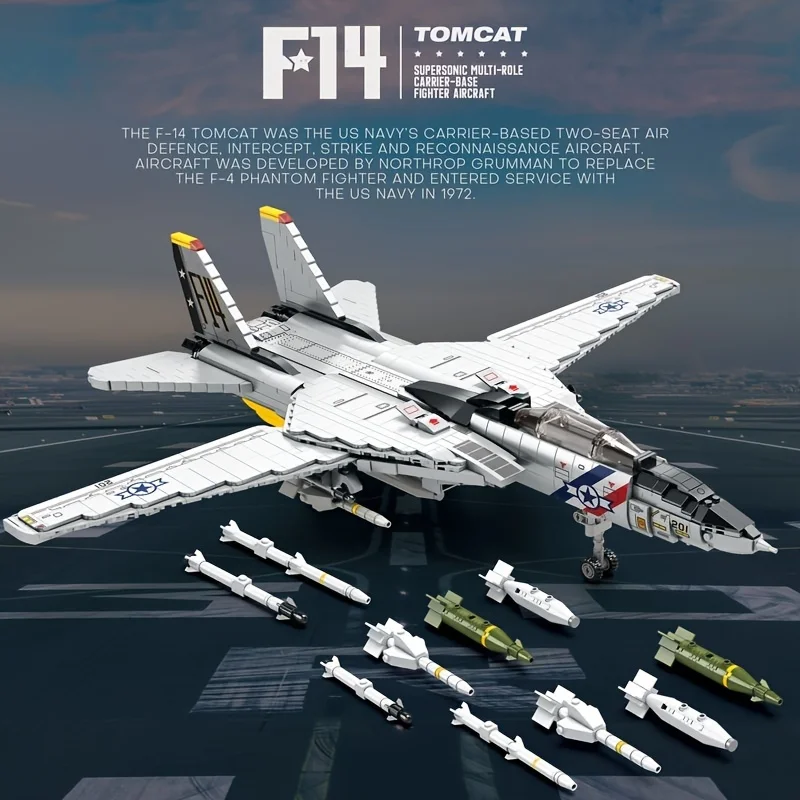 1600PCS Military Tomcat F14 Fighter Aircraft Building Block MOC Carrier-Base Fighter Realistic Model Bricks Holiday Gift Kid Toy