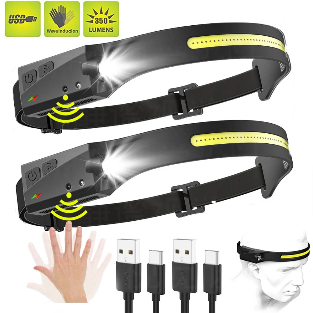 230°Bright Beam Headlamp LED Sensor Head lamp Built-in Battery USB Rechargeable Head Flashlight Outdoor Camping Fishing Headligh