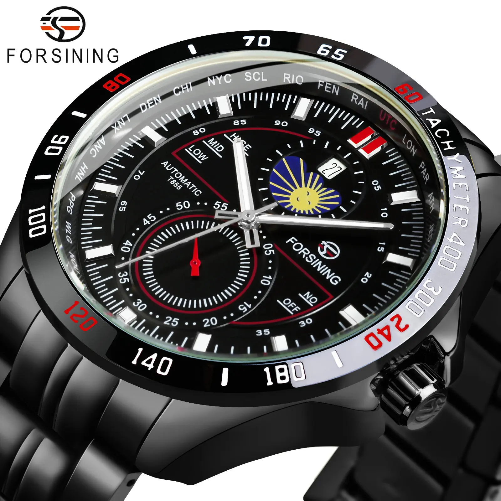 Forsining-Reloj de pulsera de acero inoxidable para hombre, cronógrafo mecánico, automático, militar, fase lunar, color negro