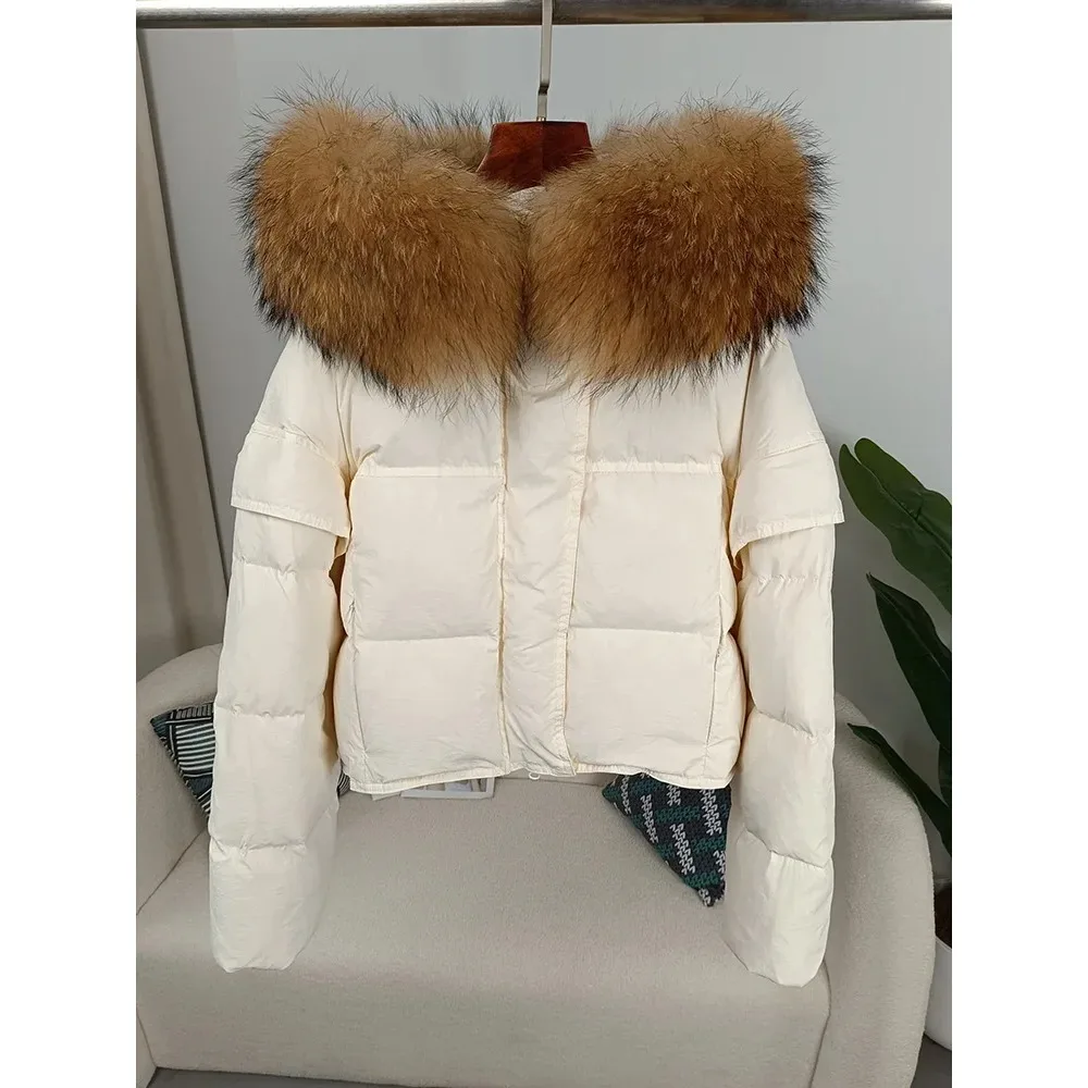 Autumn Winter Women Real Raccoon Fur Collar Hooded Detachable Sleeve Jacket Duck Down Loose Fashionable Streetwear Outerwear