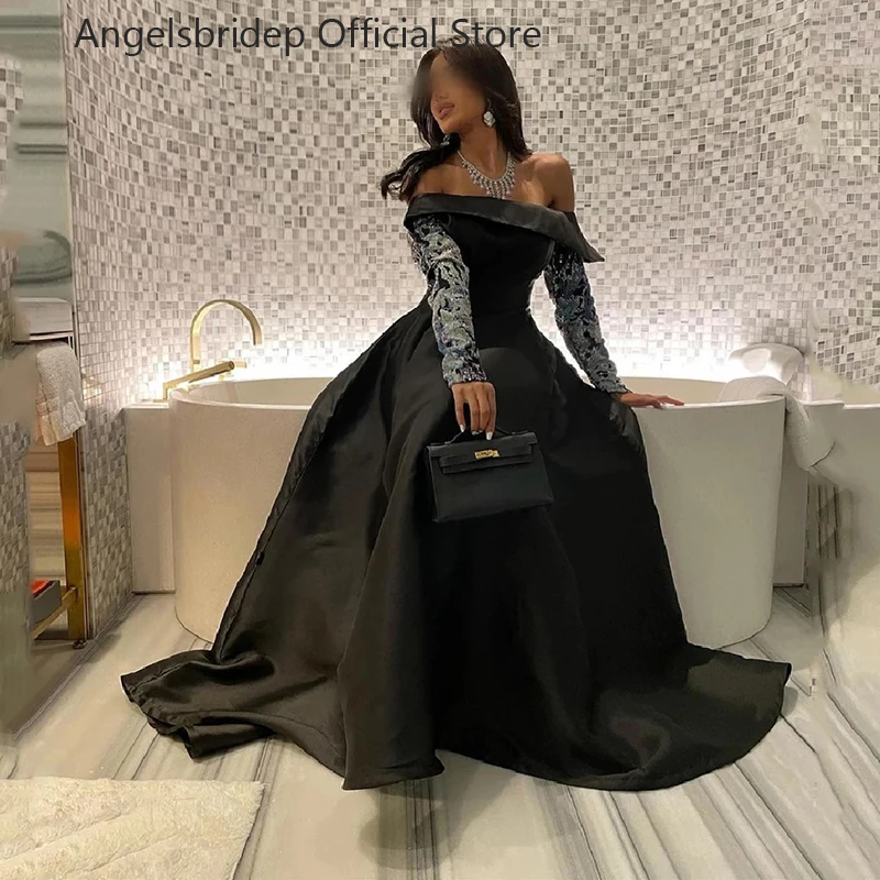 

Angelsbridep Black Satin Evening Gowns Saudi Arabia Full Sleves With Appliques Long Vestido De Festa Robes De Soirée Party Gowns