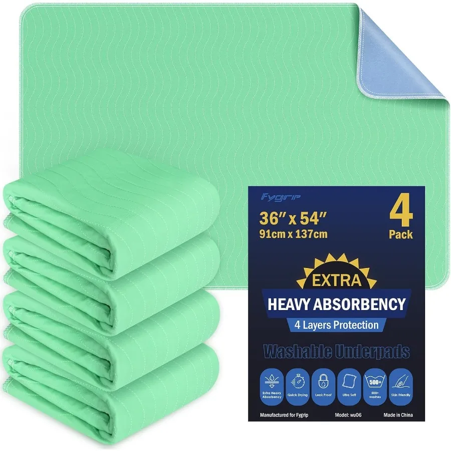 4 Pack 36 x 54 Extra Heavy Absorbency Washable Underpads Waterproof Nursing Pads Incontinence Bed Pads Reusable Washable Pee Pa