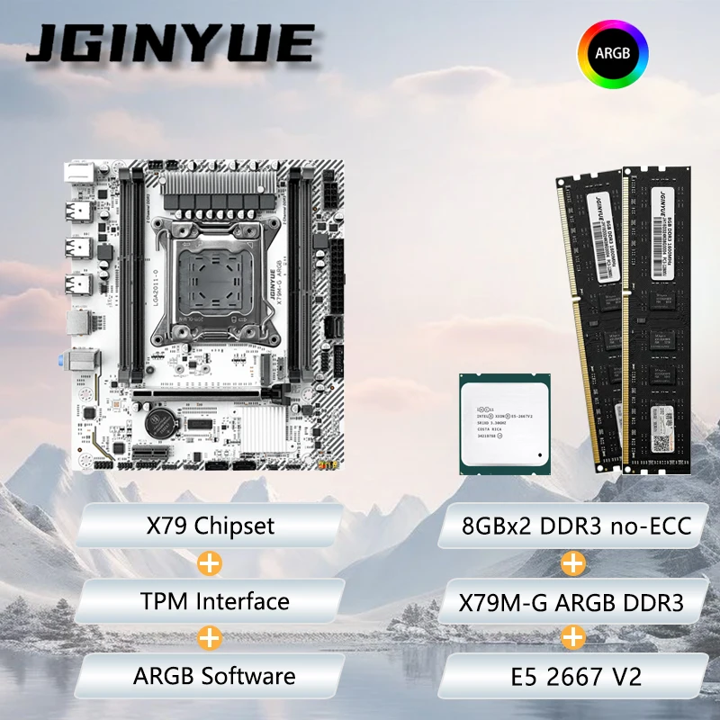 

JGINYUE X79M-G Материнская плата M-ATX combo E5 2667V2 8 ГБ * 2, 1600 МГц DDR3 RGB RAM комплект для офиса, домашнего магазина