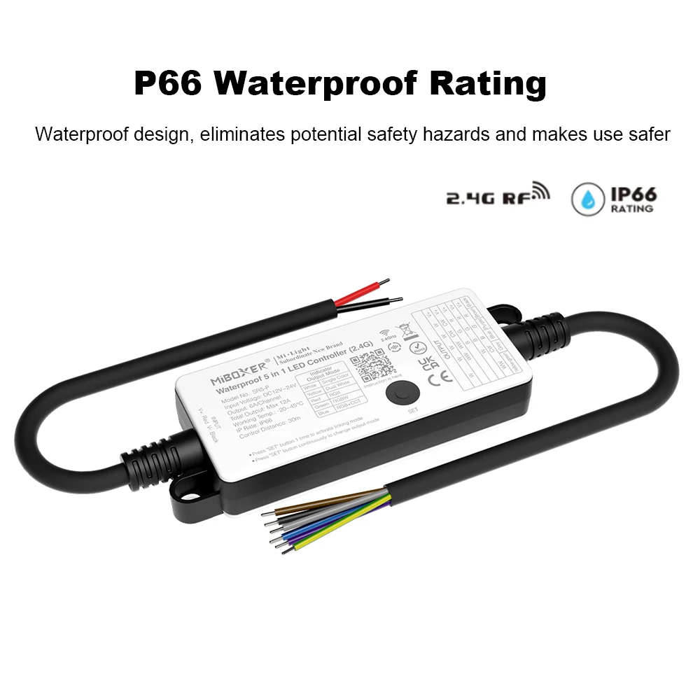 

Miboxer Waterproof Controller SR5-P 5 in 1 For Dimmer CCT RGB RGBW RGBCCT LED Strip 2.4G RF Remote Control WiFi Tuya APP