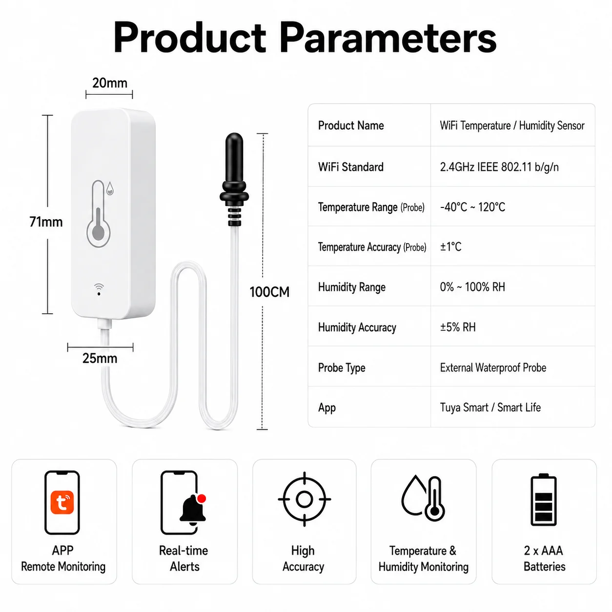 Tuya WiFi Temperature Humidity Sensor With External Probe for Smart Home Hygrometer APP Monitoring For Plants Aquarium Winery - view 6
