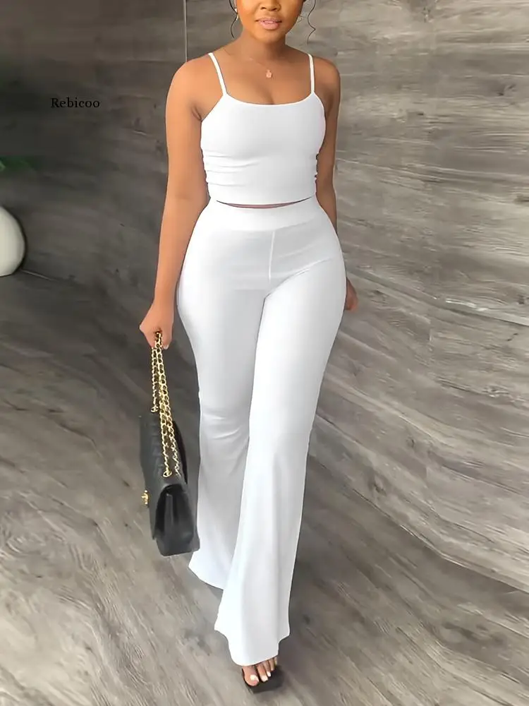 

Women Two Piece Summer Casual Suits Spaghetti Strap Crop Top & Loose Flare Pants Set