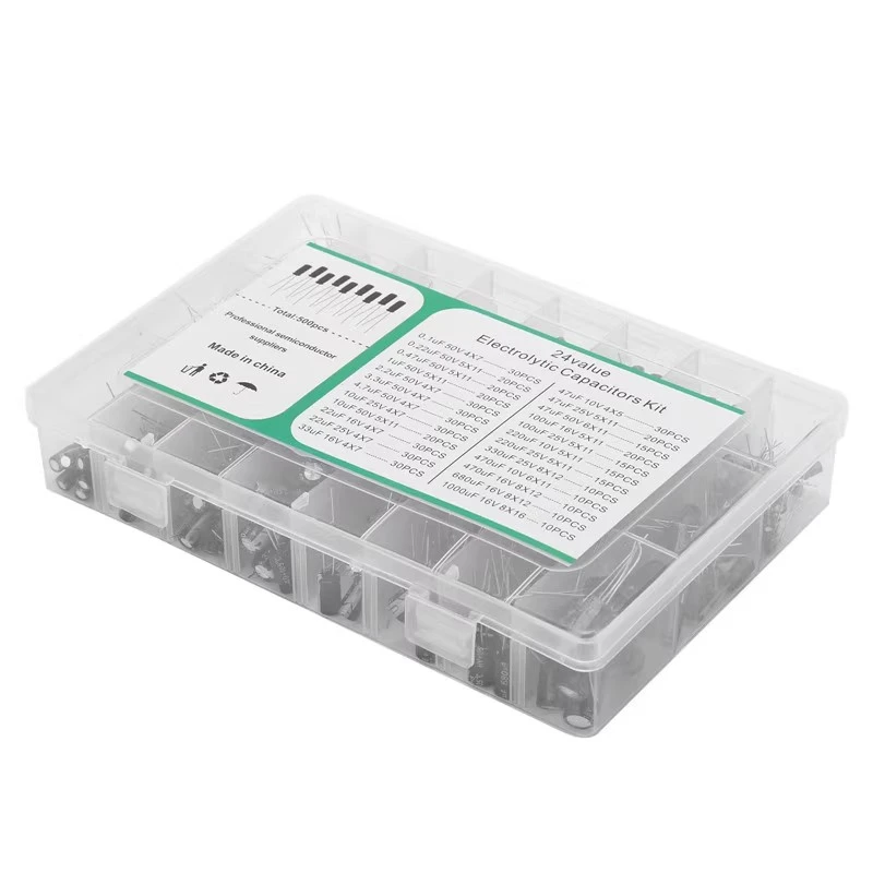 24 häufig verwendetes 500-Inline-Probenpaket für Elektrolyt kondensatoren 0,1 uF-1000uF 16V-50V.