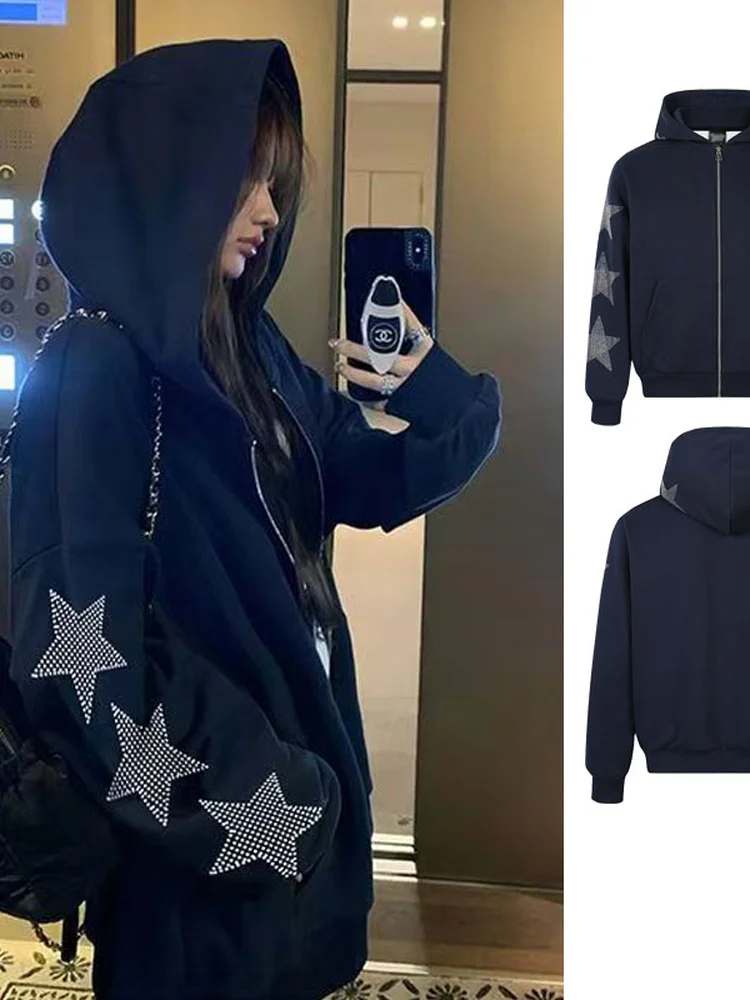 2026 New High Street Stars Rhinestone Zipper Jacket Women's Spring Autumn Oversize Open Cardigan Men's Hoodie Trendy Streetwear
