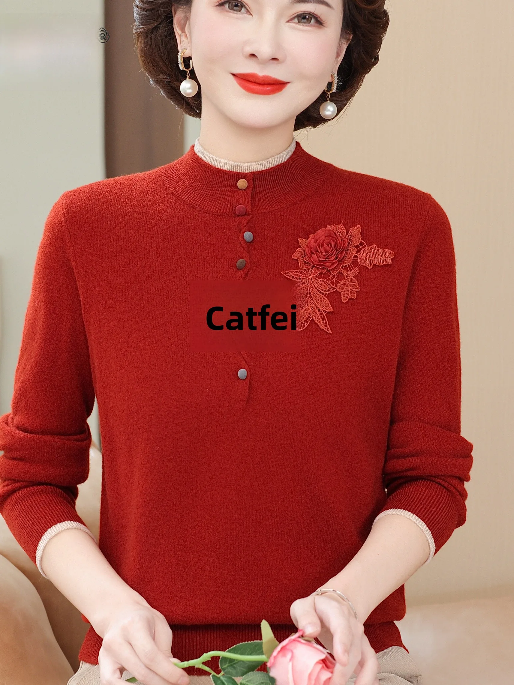 

Модный вязаный свитер, женский базовый свитер среднего возраста с вышитыми пуговицами и высоким воротником, осенне-зимняя одежда для мам, смесь шерсти
