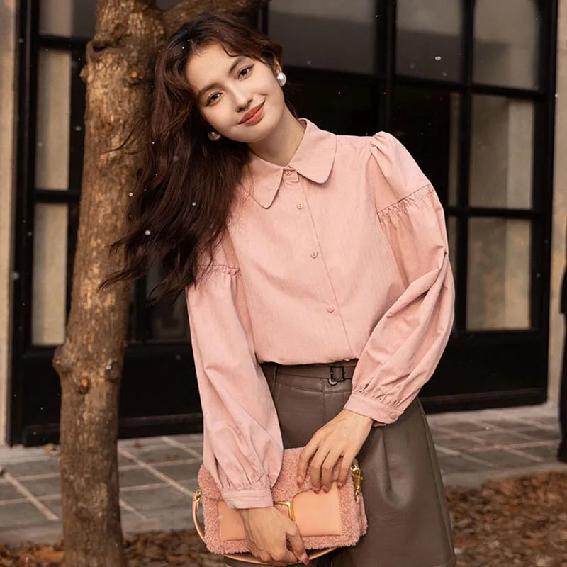 Korean Fashion Women\'s Blouses 2023 Spring Autumn Single Breasted Tops Clothes for Women Solid High Street Lantern Sleeve Shirts