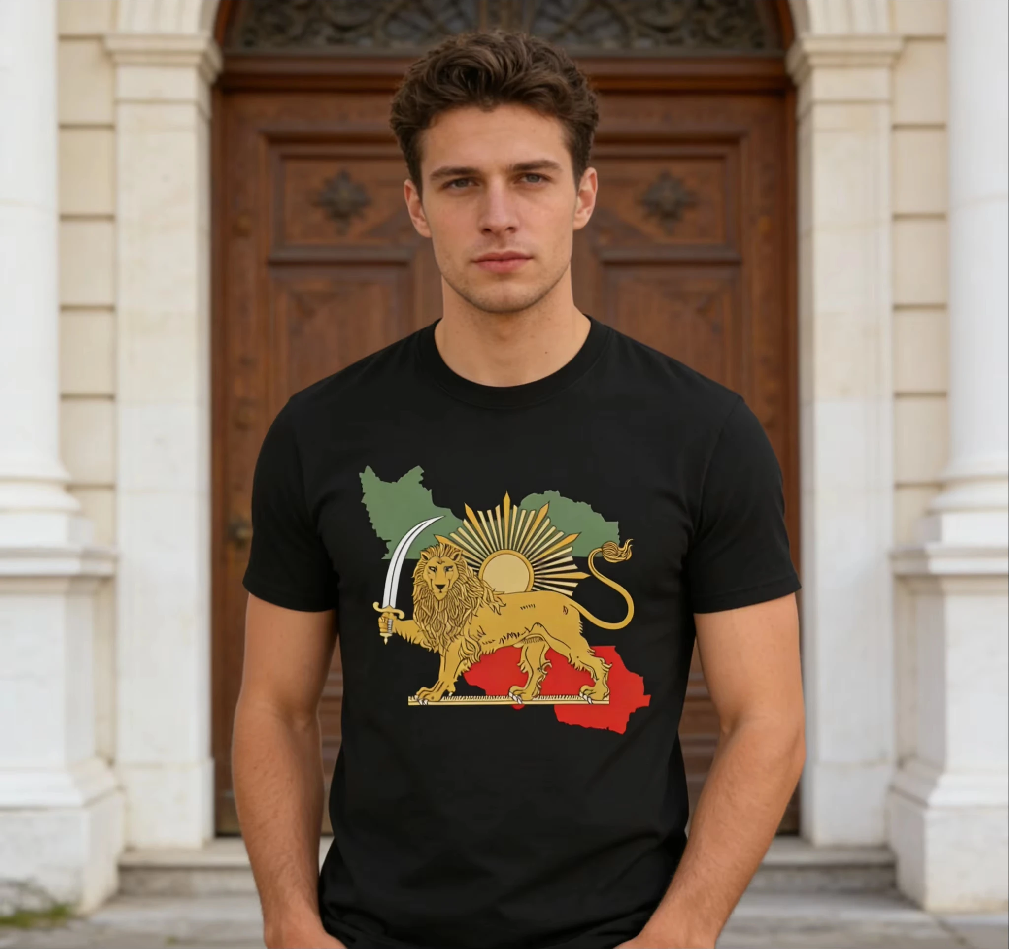 Iranische Pahlavi-Dynastie Löwen- und Sonnenmuster Bedruckte Herren-Sweatshirts Sommer Minimalistische Lässige Sport-Loose-Fit Kurzarm-T-Shirts