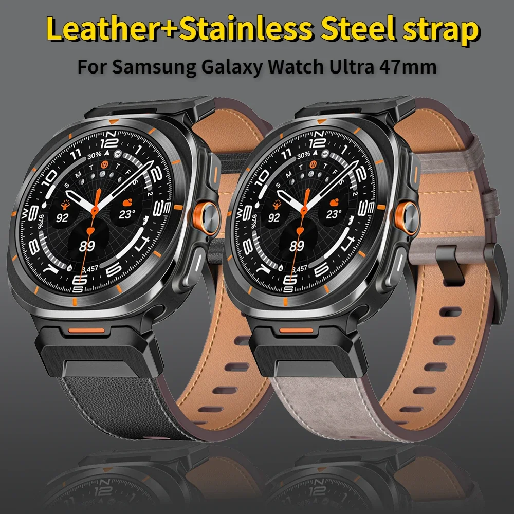 

Ремешок Mecha для Samsung Galaxy Watch Ultra 2025 47 мм из кожи + металла, браслет Galaxy Watch 8 7 Ultra Correa, аксессуары