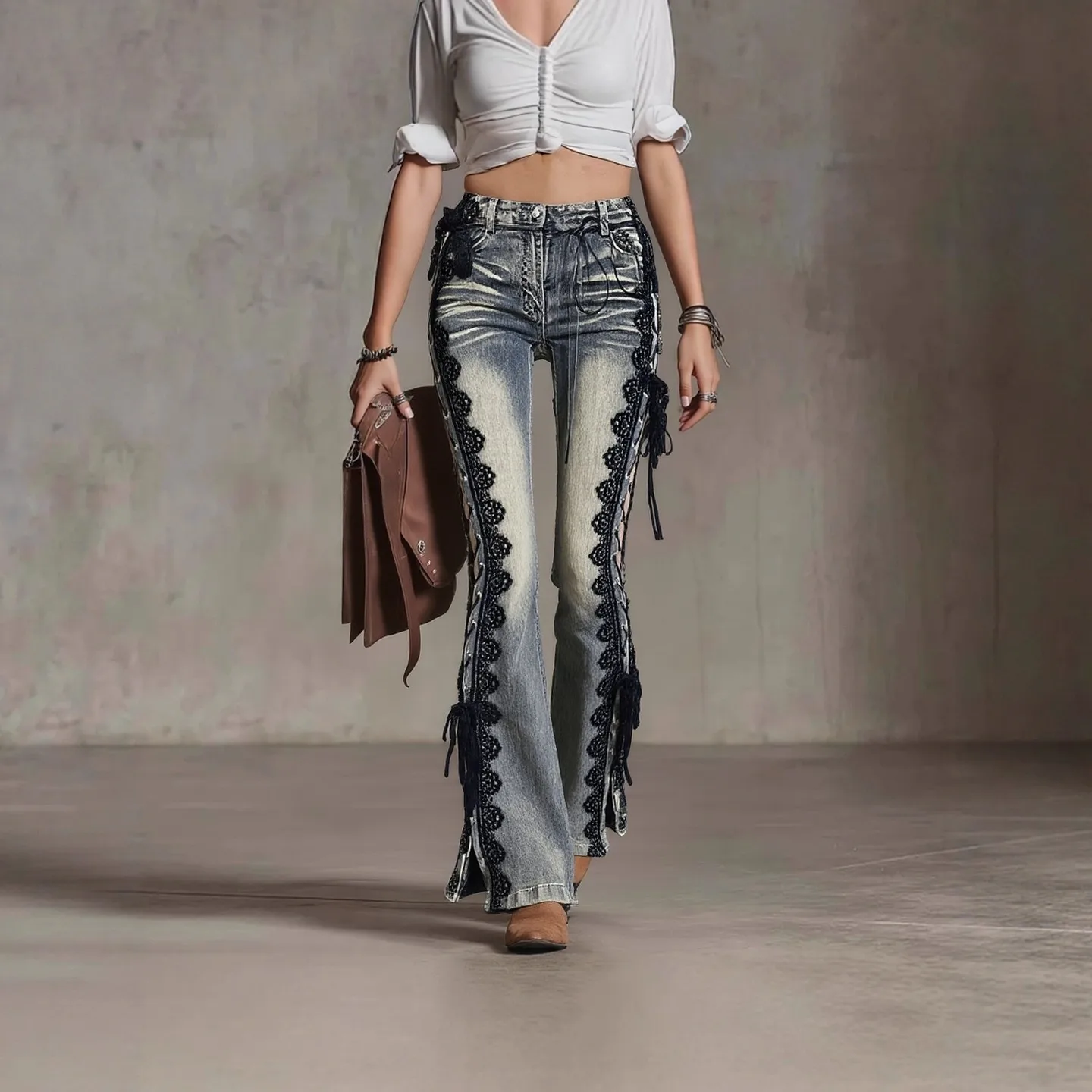 Women Jeans Dark Academia Flare Korean Fashion Bell-bottoms Laced Up Patchwork New Straight Slimming Wide Leg Long Denim Pants