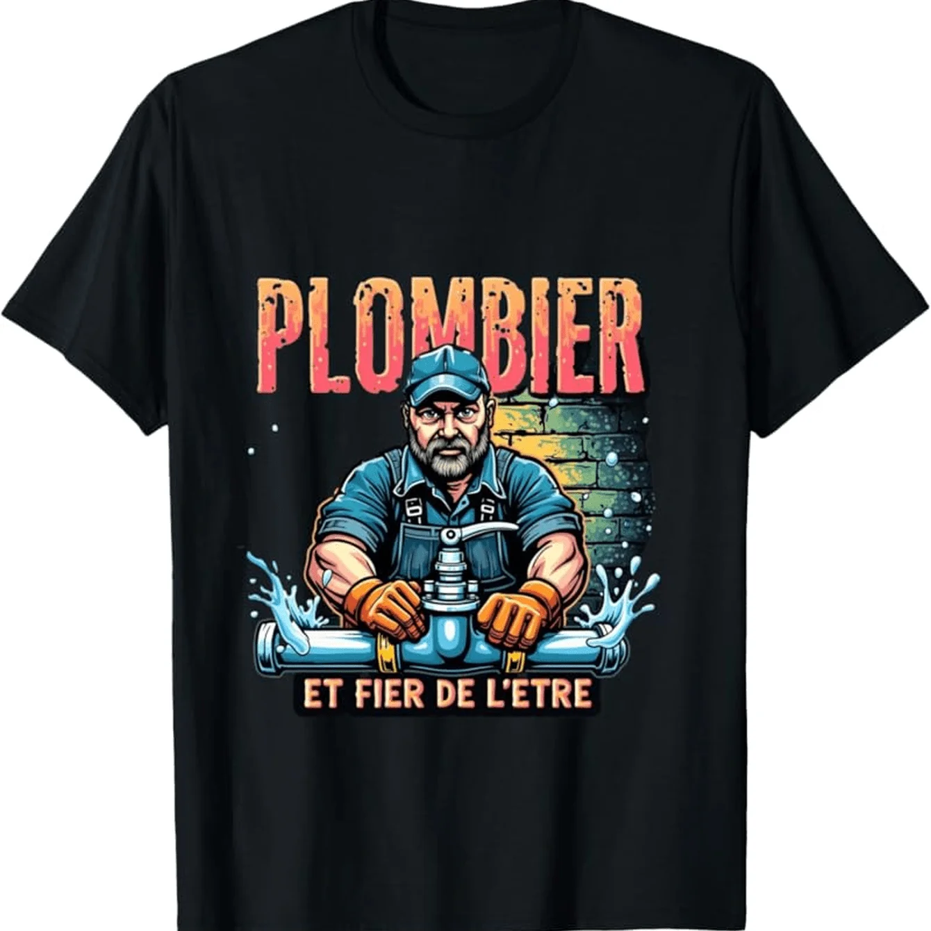 

Funny Plumber T-Shirt - French Plumbing Slogan & Plumbing Tools Design (PLombier/Étrier) - Black with Orange Print Short Sleeve