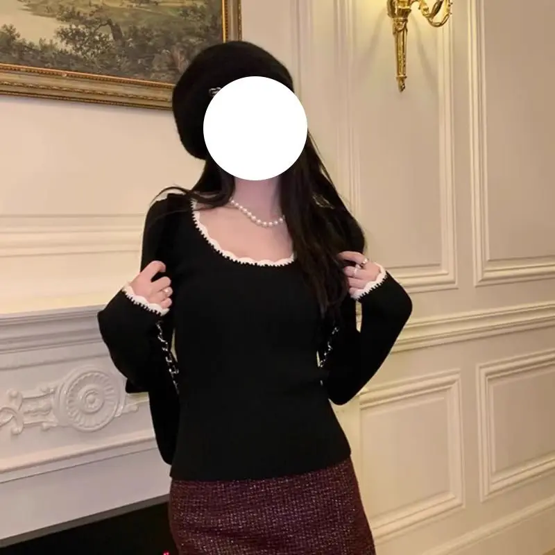 Suéter de fondo de Color de contraste de temperamento Retro para mujer 2024 con suéter superior de cuello redondo grande de clavícula de alta calidad