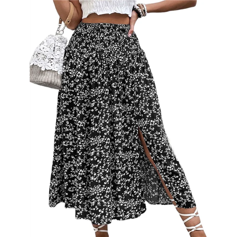 Hot Kf-Women's Print Long Skirts High Waist Split A Line Full Length Maxi Skirt