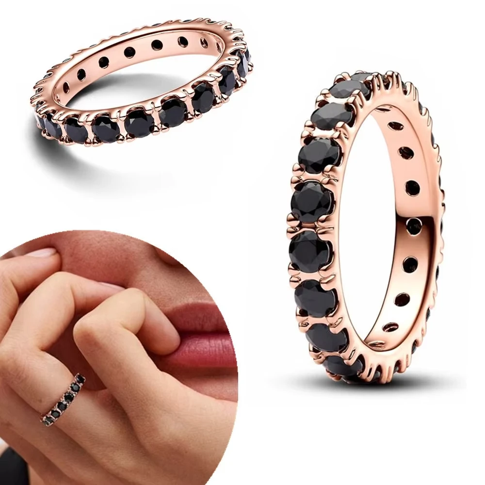 925 standard silver black sparkling eternal ring pink heart-shaped mysterious high-end elegant women's ring CZ cube gift