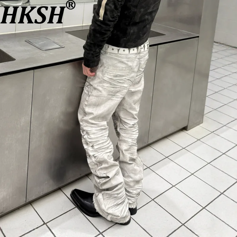 HKSH Spring Autumn New Men Tide Punk Retro Wax Dirty Washed Jeans Dark High Street Streetwear Chic Ins Vibe Denim Pants HK17726