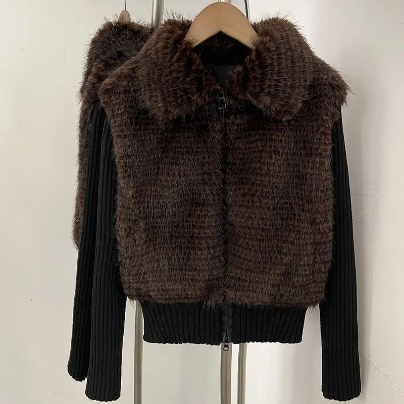 2026 Fashion Autumn Winter Knitted Spliced Faux Fur Coat Women's Fox Fur Short Jacket Zip-up Slim Outerwear Streetwear Fur Coats