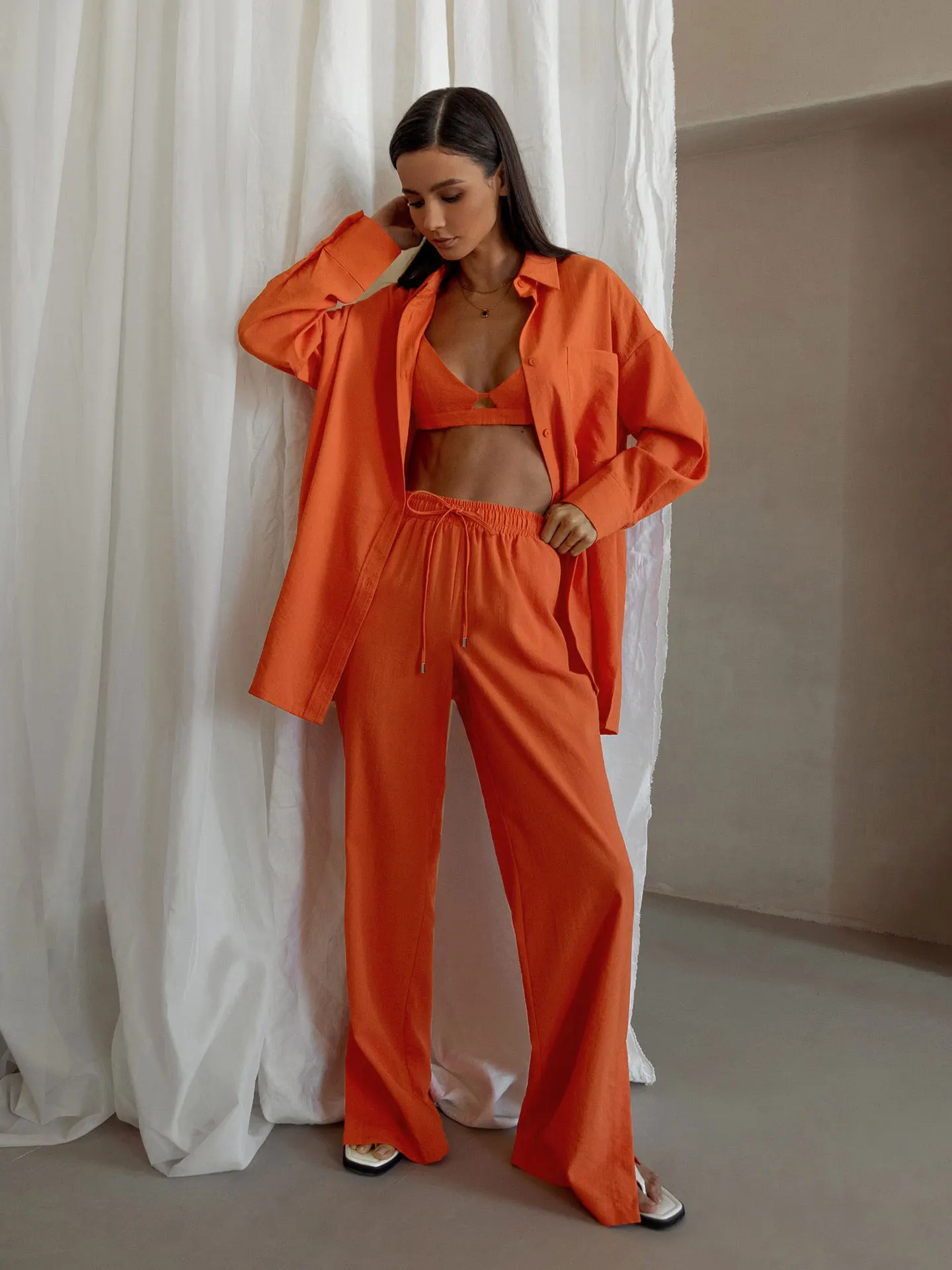 NHKDSASA Cotton Homewear Shirt Long Pants 2 Piece Set Female Long Sleeve Shirt Suit High Waist Lace Up Slit Wide Leg Pants Set