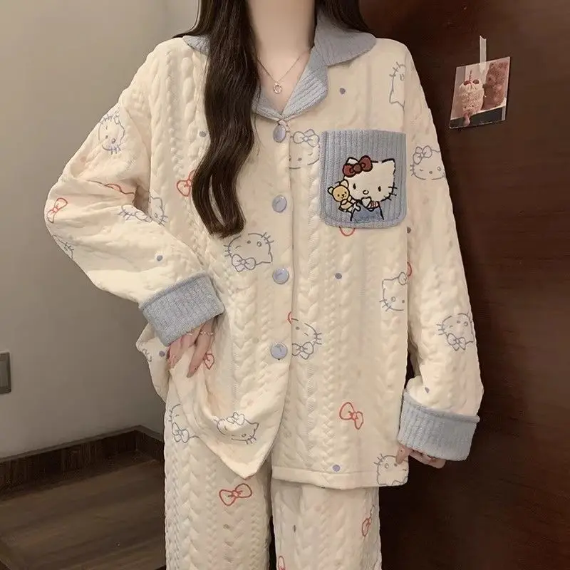 Fashion Ins Style Hello Kitty Air Cotton Cute Printed Quilted Pajamas Girl's Warm Soft Comfortable Home Wear Set Two-piece Set