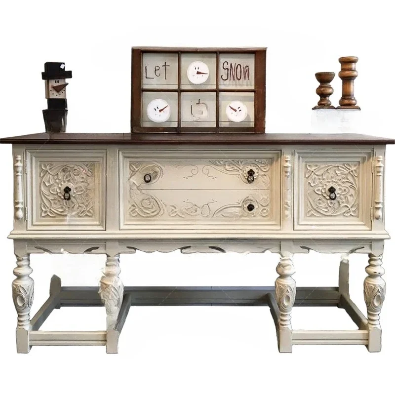 

French retro solid wood carving flower entrance cabinet white old decorative cabinet living room locker entrance table