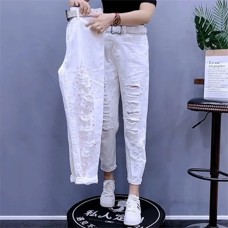 

LIBIELIY 2025 New White Hole Beaded Jeans Female Spring Autumn High Waist Straight Denim Pants Ladies Casual Loose Lady Pants