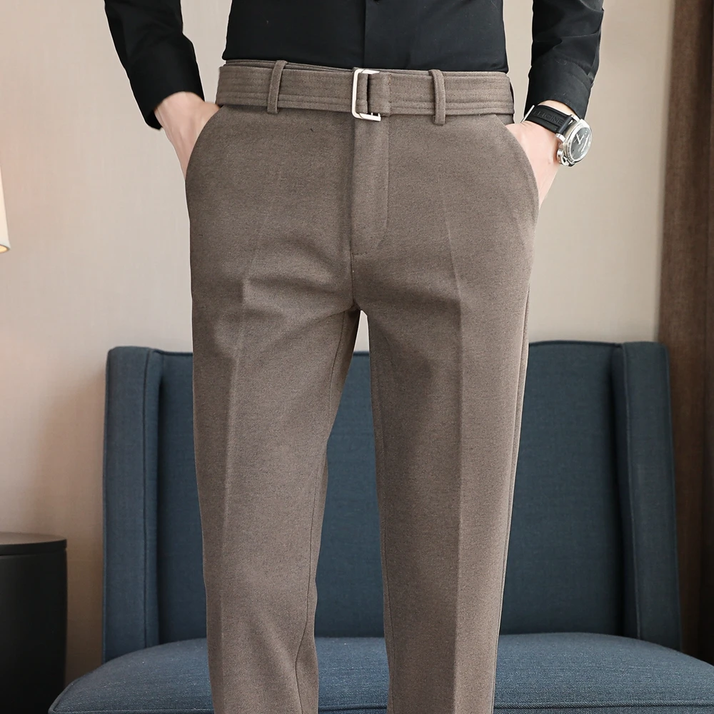 

Autumn Winter Men's Slim Fit Suit Pants With Belt Solid Color Smart Casual Youthful Vitality Suit Trousers Men Korean Style Pant