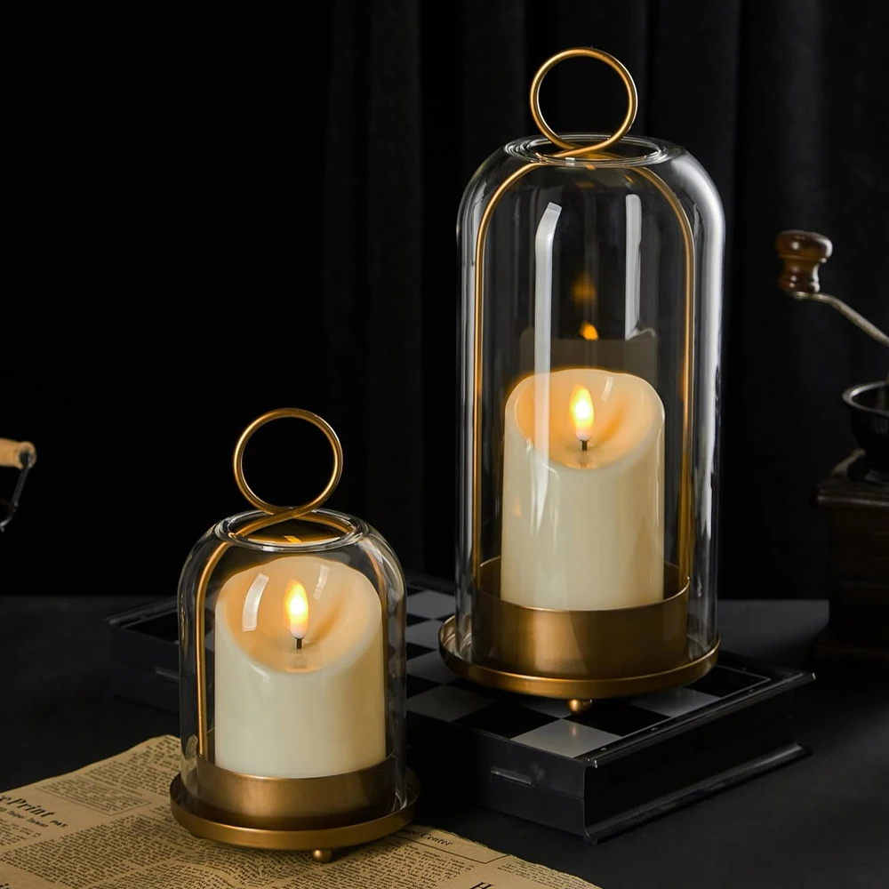Wide Versatile Metal Candle Holder in Antique Brass with Handmade Thick, Heavy & Sturdy Glass Dome for Pillar Candle, Industrial