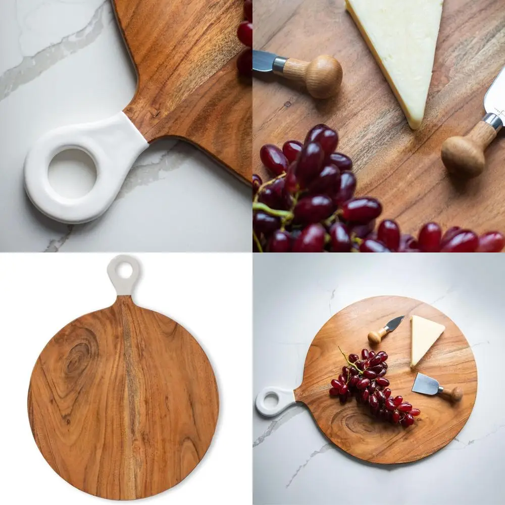 

Large 22.5x17.5 Acacia Wood Charcuterie Board with White Enamel Handle - Real Hardwood Serving Tray for Cheese, Meat, and More