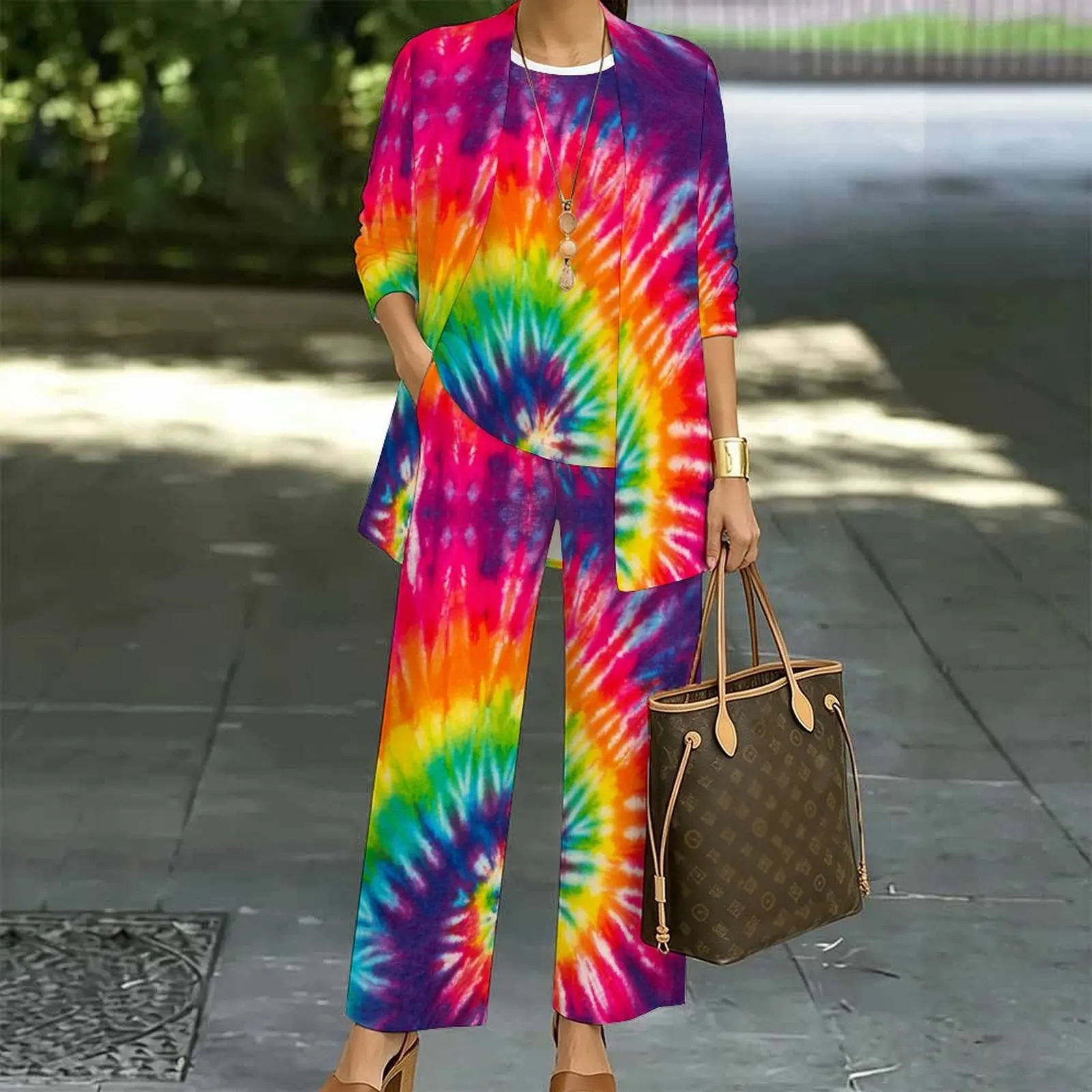 Plus Size 3pcs Printed Vest Fashion Three-Piece Set High-Waist Wide Leg Pants Autumn Mid Sleeve Cardigan Women's Casual Pants