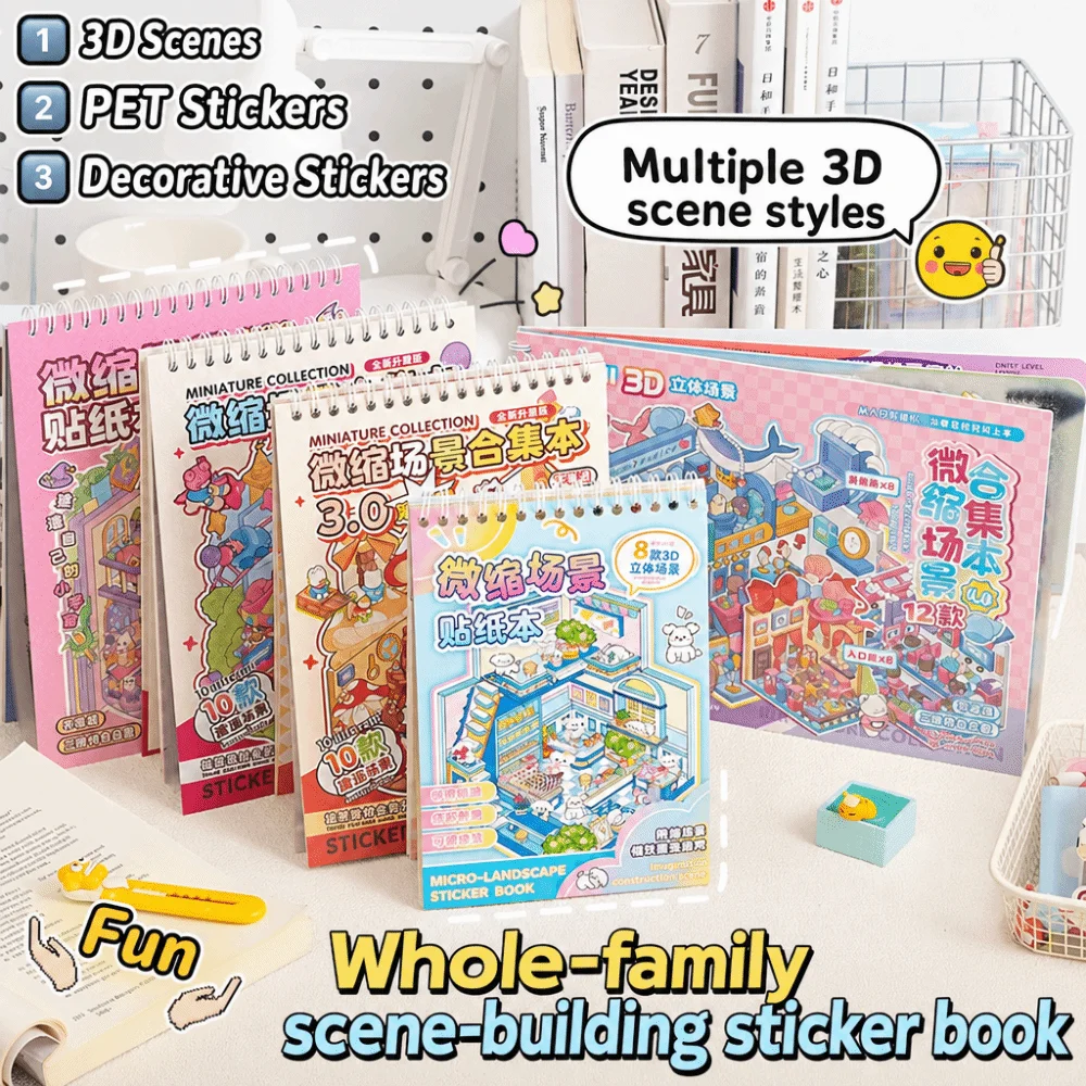 Creative Cartoon 3D Landscape Sticker Book PET DIY Cabin Scene Pocket Sticker Miniature House Miniature Scene Book for Kids
