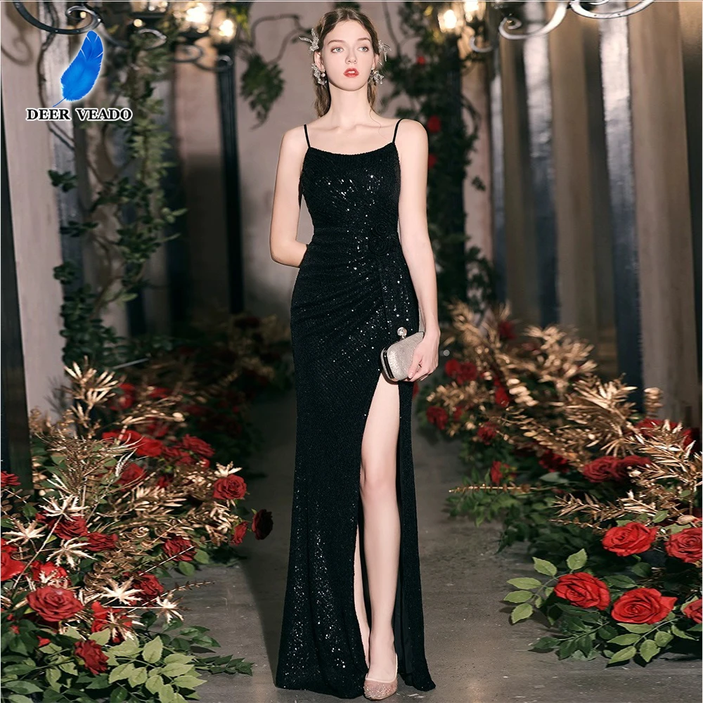 

DEERVEADO 10 Colors Sexy Strap Mermaid Slit Evening Dresses for Woman Sequin Prom Party Dress Formal Dress for Special Occasions