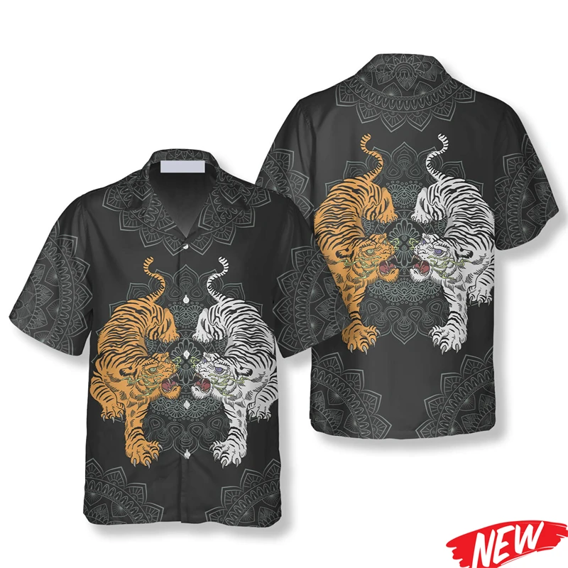 

Retro Tiger Graphic Hawaiian Shirt For Men Spring Summer Beach Button Short Sleeve Shirt 3d Printed Animal Laple Shirts Tops