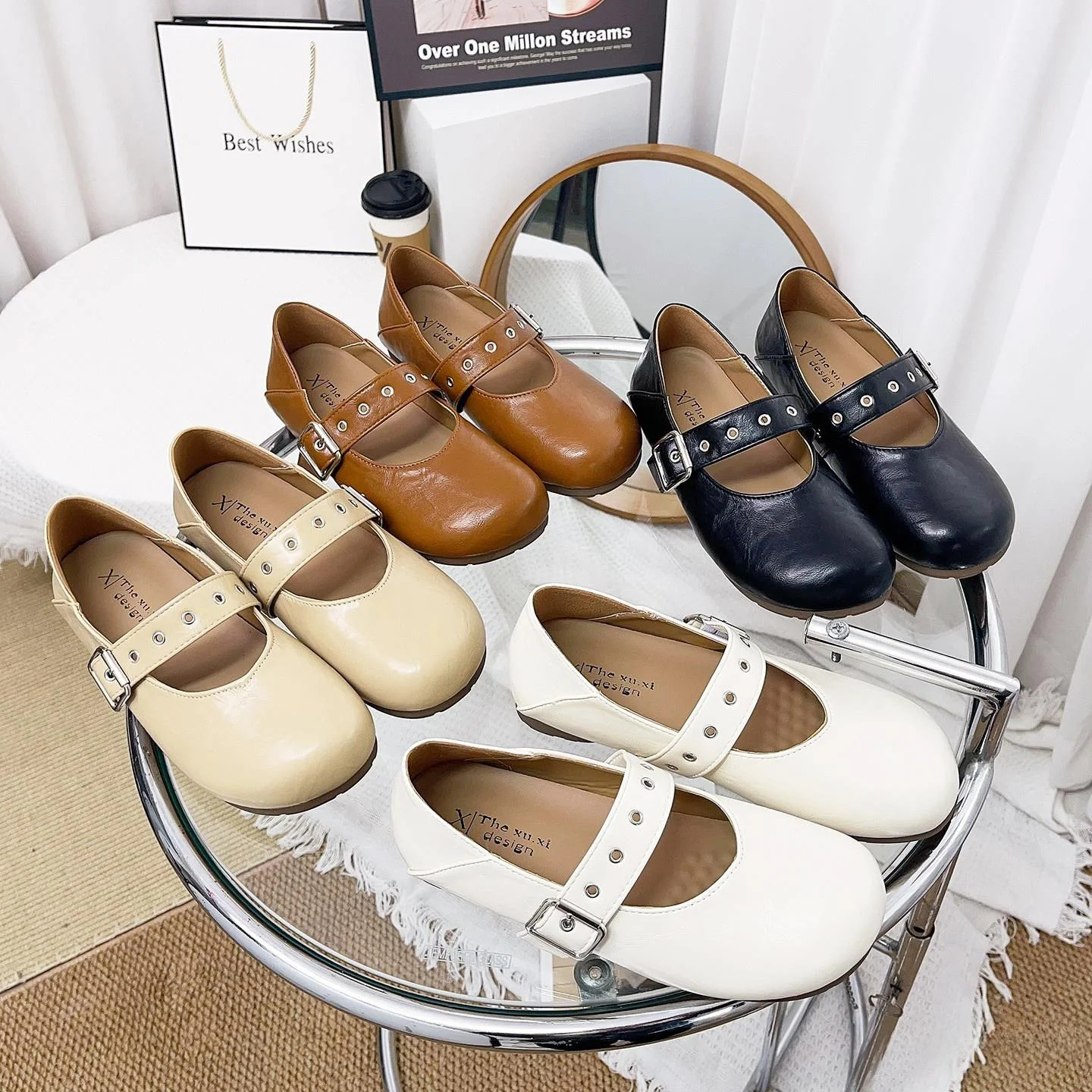 レトロなラウンドトゥメリージェーンバレエフラットシューズ、レディースオールマッチローカットフラットシングルシューズ、ファッショナブルな夏用pu裏地付きグルーシューズ