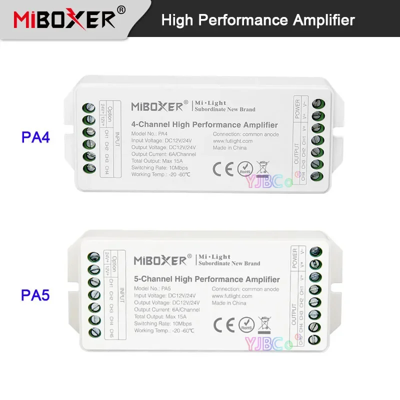 Miboxer PA4/PA5 12 В 24 В постоянного тока MAX15A 4CH 5CH 4/5-канальный высокопроизводительный усилитель светодиодная полоса Технические характеристики контроллер 10 Мбит/с скорость переключения