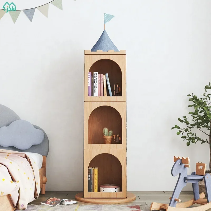 

Rotatable Magnetic Doodle Board Solid Wood Castle Children Bookcase Kids Storage Cabinet Shelf