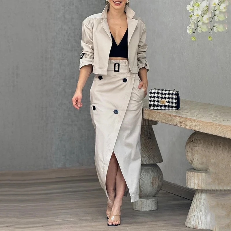 Long sleeved collar solid color top A-line slim fit irregular slit with button down long skirt set