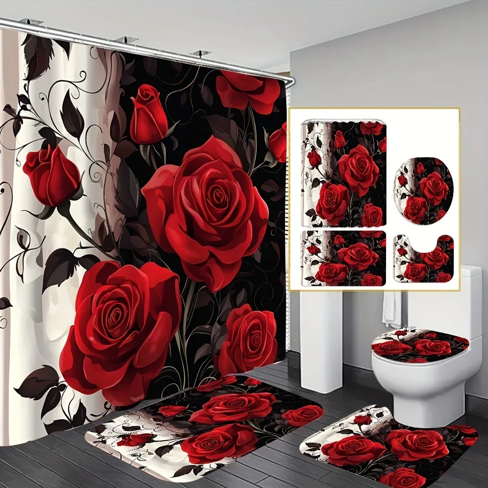 

Elegant Red Roses on Black Background Bathroom Set - Waterproof Shower Curtain, Toilet Lid Cover, Bath Mat, and Contour Mat