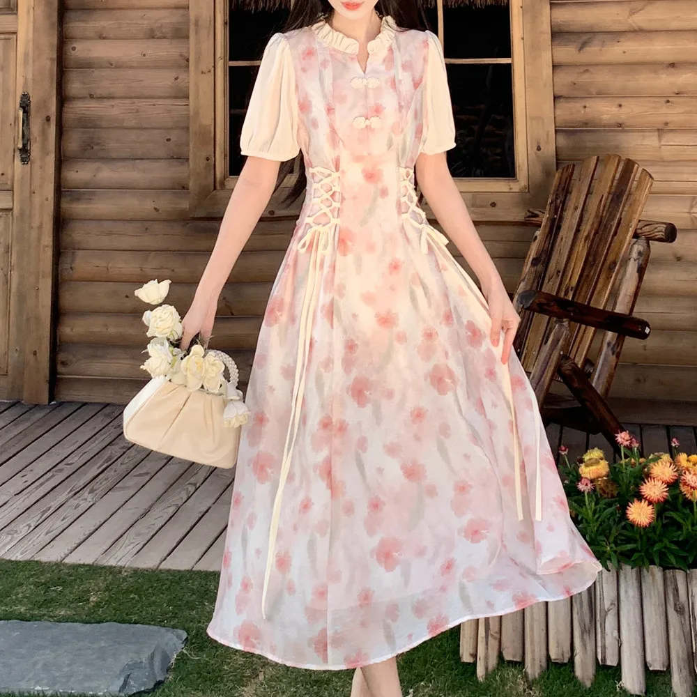 กระโปรงชีฟองลายดอกไม้สไตล์จีนใหม่ ไซส์ใหญ่ ดีไซน์ฤดูร้อน ช่วยเก็บเอว สวยหวาน บางเบา