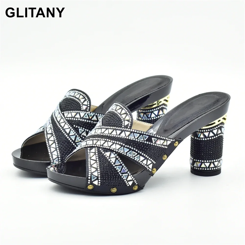 

Latest Black African Women Shoes Decorated with Rhinestone Italy Women Shoe for Party Italian Women Summer Sexy High Heels Pumps