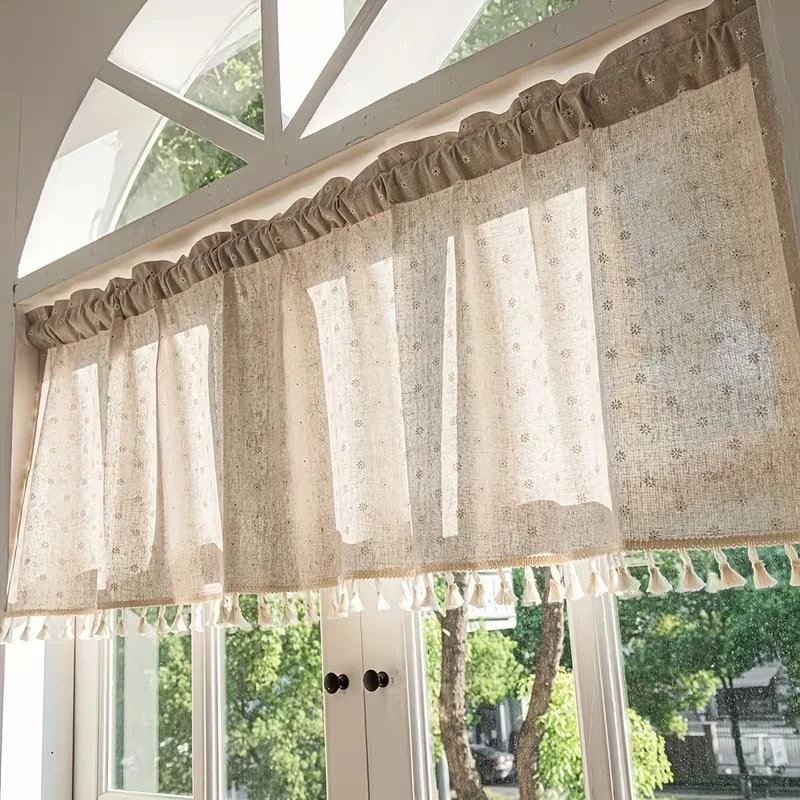 Cotton Linen Floral Curtain Short Curtain with Tassel,Top Rod Pocketing,Suitable for Kitchen Living Room Dining Room Decoration