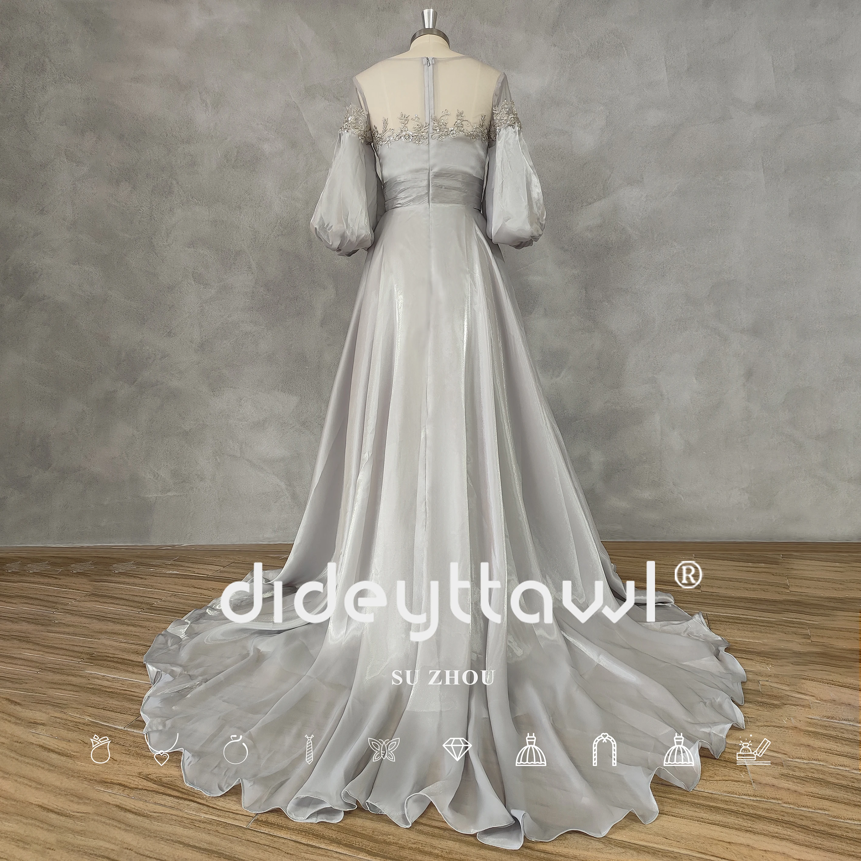 DIDEYTTAWL Real Photos Silver Illusion Neck Satin Short Puff Sleeves Prom Dress Lace Court Train A-Line Evening Party Gown