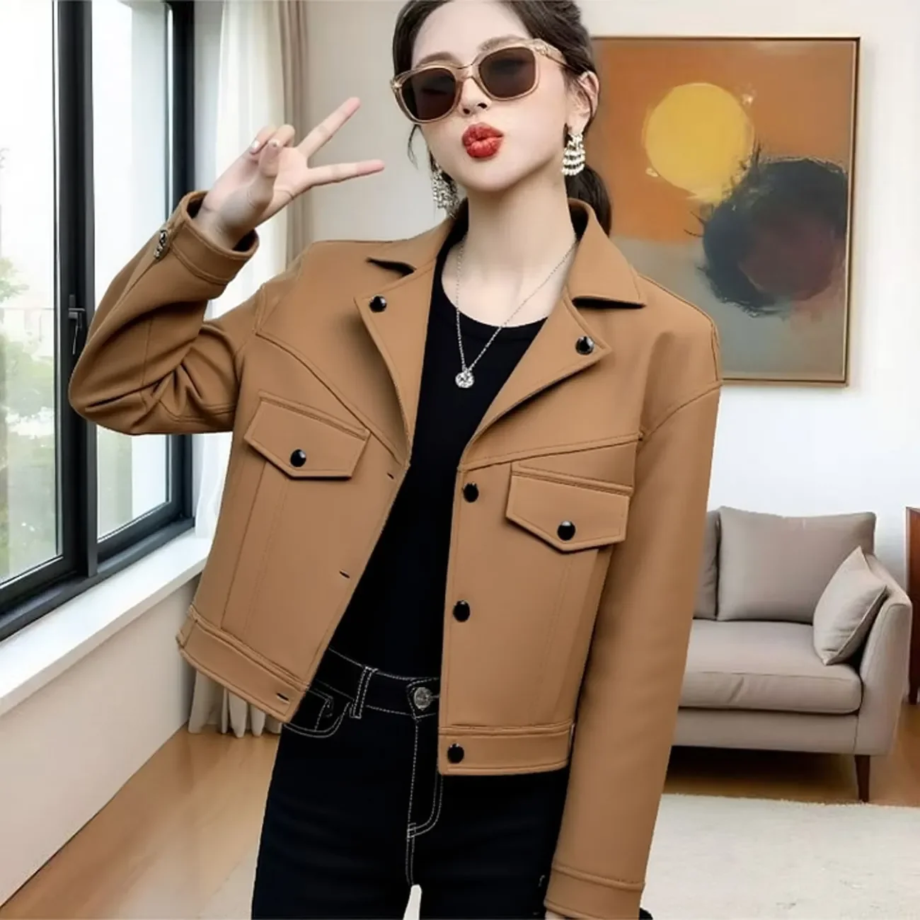 Printemps automne nouveau haut de gamme décontracté daim veste courte vêtements d'extérieur femmes facile minceur ample à manches longues simple boutonnage veste hauts